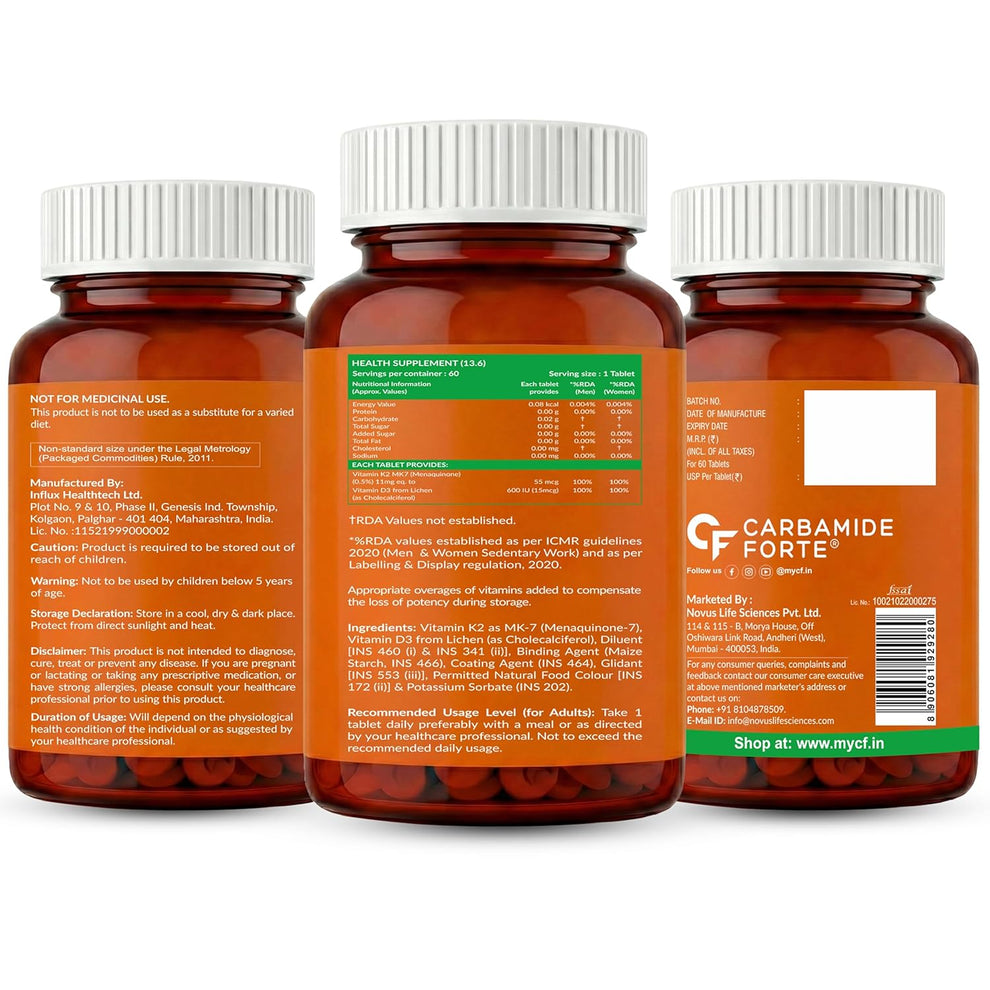 Carbamide Forte Vitamin D3 K2 Supplement | Veg D3 - Lichen - 120 Tablets