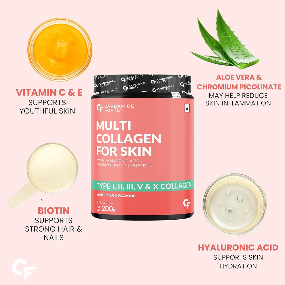 Carbamide Forte Multi Collagen Powder with 5 Types of Collagen Peptides (Type I, II, III, V, X)