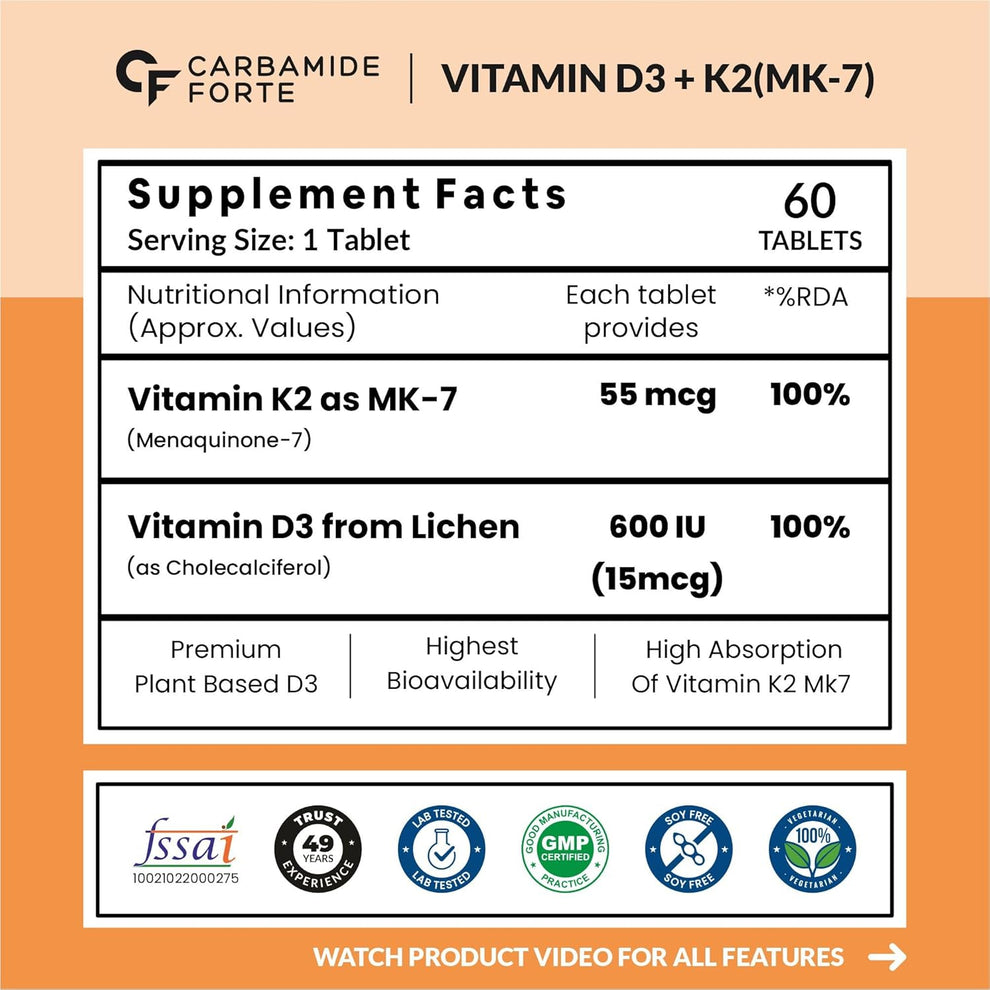 Carbamide Forte Vitamin D3 K2 Supplement | Veg D3 - Lichen - 120 Tablets